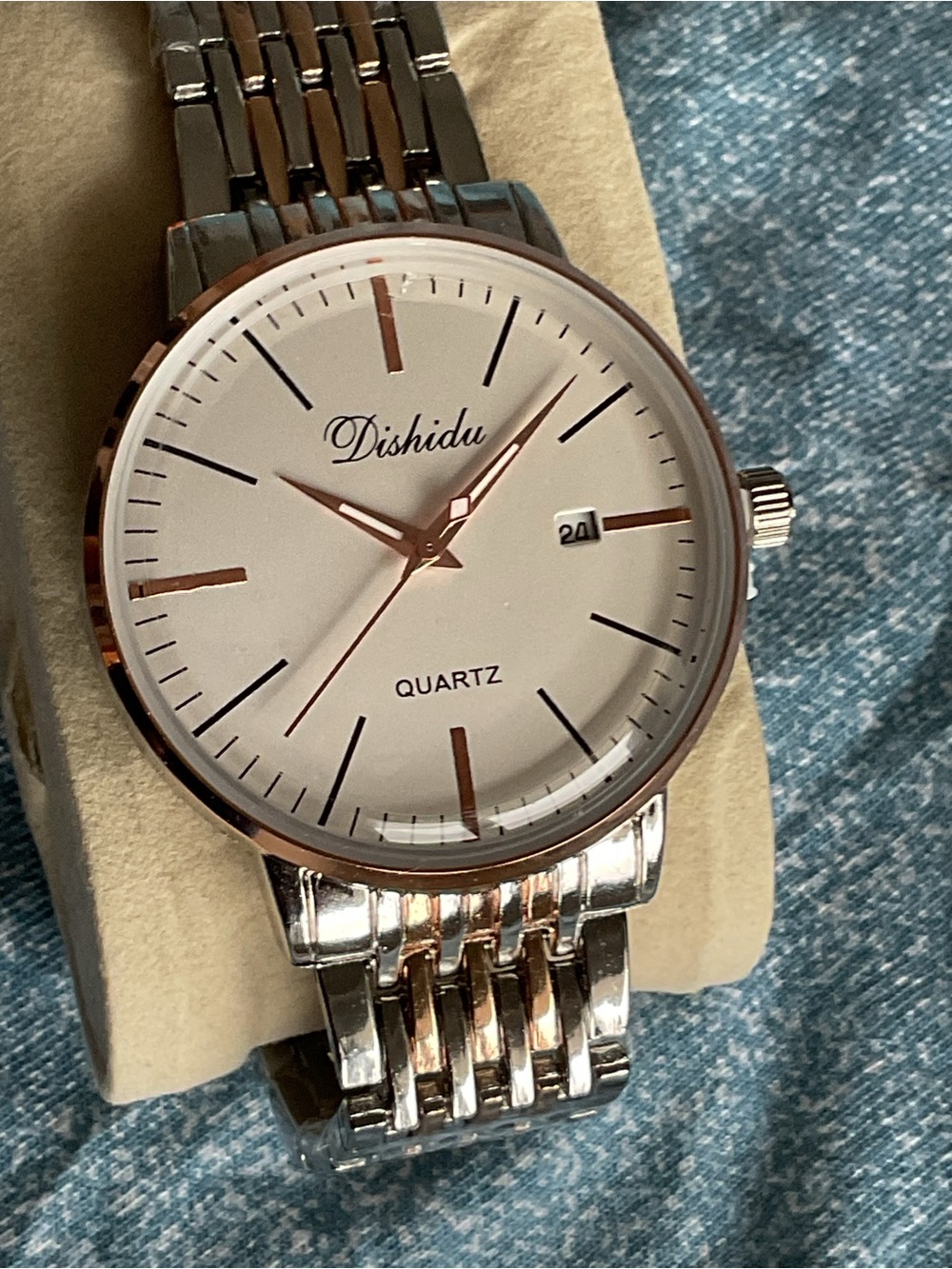 NIB Classic Dishidu Gold And S/S Dress Watch Two Tone Mesh Bracelet w Tool